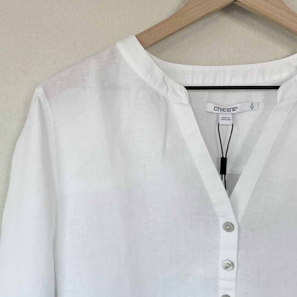 CHICO’S NWT 2 / Women’s L No Iron Linen Tunic in Optic White • Neutral Blouse - Picture 2 of 11